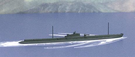 A 1/1250 scale metal model , painted green (a WW2 camouflage scheme) of the French submarine, Persee in 1939-40. Persee was in French Colonial Service when she was sunk by the Allies in 1940.
