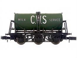 6 wheel milk tanker model finished in CWS green livery.Milk tankers were developed to allow the safe, efficient and fast transportation of milk from the country into towns and cities.  They first came into service in the early 1930's and went through various design improvements and modifications until the 6 wheel milk tanker was developed which remained in service until the early 1980's, when their use was eclipsed by the use of road transport. Between 1932 and 1948 over 600 were built and several survive into preservation