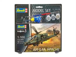 Revell 1/100 AH-64A Apache Gift Set 64985Length 146mm Number of Parts 56  Rotor Diameter 144mmComes with glue and paints to assemble and complete the model.