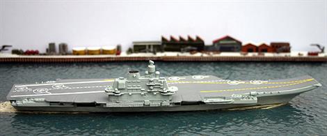 A  1/1250 scale fully finished and painted metal model of Admiral Flota Soveckogo Sojusa Kuznecov, the only Russian aircraft carrier still in service. Currently serving off Syria following a voyage from northern waters through the English Channel, the ship may well be on her last commission.