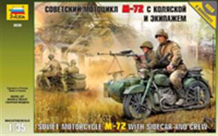 Soviet WW2 M-72 Motorcycle with Sidecar and Crew.Dimensions - Length 68mmThis kit contains 138 components and is supplied complete with 2 figures. Fully illustrated instructions are suppliedGlue and paints are required 