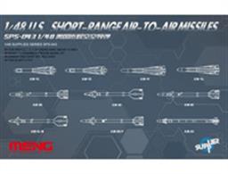 Meng Models SPS-043 1/48 Scale US Short Range Air To Air Missile SetA great collection of various missiles. Decals are supplied for an authentic finish.Glue and paints are required to assemble and complete the model (not included)