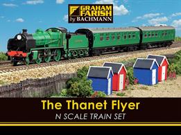 The Thanet Flyer was introduced by the Southern Railway after WW2, returning some colour to the network with a return to Malachite green for the locomotives assigned to this new express train.This train set includes a model of one of those locomotives, N class 2-6-0 number 1854 and two Bulleid design passenger coaches, all finished in SR Malachite green livery.The train set includes an oval of track measuring 714 x 540mm (28.1 x 21.26in) using track compatible with other brands of British N gauge track along with a mains-powered train speed controller using a plug-top type voltage adapter.