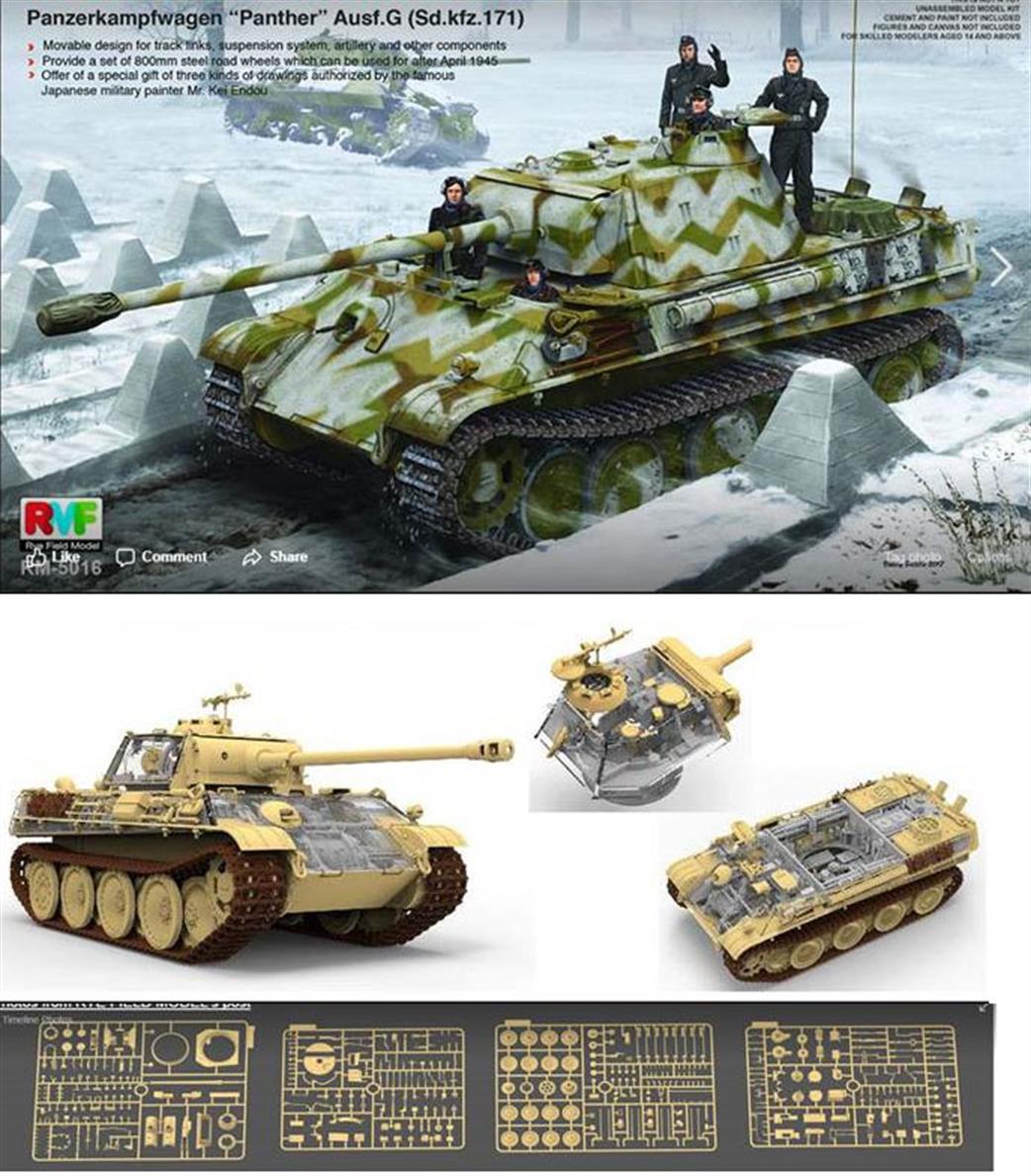 Rye Field Model 1/35 RM-5016 Panther Ausf.G with Full Interior Tank Kit