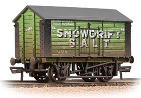Model of a 10 ton peak-roof covered salt wagon in the green livery of Snowdrift Salt. Weathered finish.These covered salt wagons were used to ensure rain could not damage the salt and as specialist vehicles remained in private ownership, running until replaced by more modern wagons in the 1960s.Era 3-5, 1923-1968
