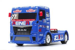 This Tamiya radio control replica faithfully captures the giant race truck of the Team Reinert Racing Team. It competed in the 2016 running of the FIA European Truck Racing Championship. The polycarbonate body sits atop the TT-01 E chassis, which is designed for easy assembly and maintenance