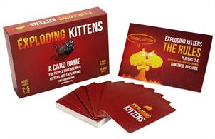 "In this quick-playing and hilarious kitty-powered version of Russian Roulette - the most backed game in Kickstarter history - players draw cards until someone draws an exploding kitten and loses the game, while playing cards to avoid being caught in a feline explosion."