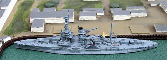 A 1/1250 scale metal waterline model of Uss Florida, BB30, in 1929. The model has a float plane on the catapult mounted on the midships turret. The original mainmast with its after main armament director had to be removed from the ship to fit the catapult and a pole mast was fitted instead. The London Treaty prevented the further modification to upgrade Florida &amp; her sister Utah by increasing the maximum elevation of the main guns and so Florida was withdrawn and scrapped and Utah became a target ship as the treaty came into effect.