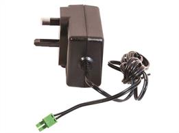12volt DC UK plug-top power supply with maximum 2amp output capacity. Supplied with 2-pin terminal block attached to outpur cable suitable for Peco turntable motorisation kit and SmartSwitch point servo motors.