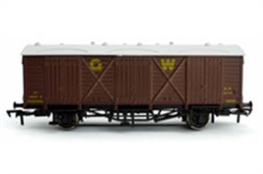Dapol 4F-014-013 OO Gauge GWR 2839 Fruit D express fruit van GWR brown.Fruit D wagons were large ventilated wooden bodied vans designed for the fast and efficient transportation of fruit. They were first constructed in the 1930’s for use by GWR and later in the 1950’s by BR. The vans themselves had three large double side doors for fast unloading and loading and were usually seen as part of passenger or fast goods trains. Out of season these vans were used as parcel or luggage vans. As road transport took over as the principal way of transporting fruit, fruit D vans were converted and used as permanent parcels or stores vans and remained in service in this way into the 1980’s. The Dapol model of the fruit D van features:Highly detailed body mouldingProfiled wheelsNEM pockets with self centring couplingsAccurately applied livery