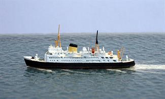 A 1/1250 scale metal model of Normannia, a cross-Channel ferry. The model is assembled and fully painted in British Rail livery of the period.