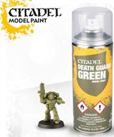 Citadel Colour spray cans are designed for basecoating metal, resin and plastic models. Sprayed over an undercoat it's a fastway to get a uniform base colour onto models. The colour in this spray is exacly the same as Citadel Base: Death Guard Green, so if any part of the model gets missed when spraying, a quick tidy up with the equivelent paint will provide a complete basecoat.
