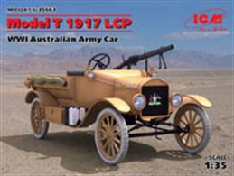 ICM 35663 1/35 Scale Ford Model T 1917 LCP Australian Army Car KitThe kit includes clear plastic items for glazing, lights etc. Decals and full instructions are included.Glue and paints are required to assemble and complete the model (not included)