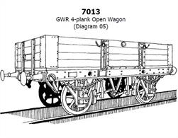 Slaters GWR Diagram O5 4 Plank Open Merchandise WagonThis plastic model kit was produced by Cooper Craft, this range of kits has been taken into the Slater's range and are now supplied with wheels, bearings and turned steel buffers.This kit builds a model of a GWR 1900 type 4 plank open wagons designated diagram O5. 200 of thee wagons were built, the last in the line of GWR 4 plank opens, the next design introducing the new standard 5 plank design body.Built on steel underframes and fitted with or upgraded with oil axleboxes diagram O5 wagons were the longest-lived of the GWR's 4 plank open merchandise wagon fleet, which was steadily replaced by new 5 and 7 plank wagons built between 1905 and 1915. While some lasted until nationalisation, these newest being among the last 4 plank wagons to be replaced, numbers had declined through the 1930s.