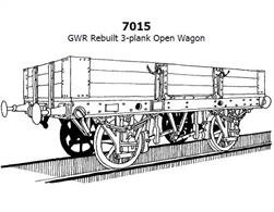 Slaters 7015 GWR Rebuilt 3 plank open merchandise wagonThis plastic model kit was produced by Cooper Craft, this range of kits has been taken into the Slater's range and are now supplied with wheels, bearings and turned steel buffers.This kit builds a model of one of the GWRs 3 plank open wagon rebuilds.Rebuilding was a rapid and cost effective route to the upgrading of older wagons built in the late 1880s and 1890s with iron underframes after the original bodies were becoming too damaged to be simply repaired. New style bodies were built onto the still-servicable underframes extending their working lives into the 1930s at a minimum cost.
