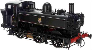 A highly detailed model of the GWR 8750 type panniers built from 1933, part of the 57xx class of 863 engines being built between 1929 and 1950. The 57xx became the mainstay of the GWRs small tank engine fleet for shunting, station pilot, pickup goods and branch line service.Model of number 8763 finished in British Railways lined black livery with early emblem, one of a small number of panniers to carry lined black livery and used on empty stock workings into Paddington station.