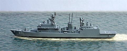 A 1/1250 scale metal model of a ROKS KDX 1 frigate, Gwanggaeto the Great, DDH-971. The three ships of this class (DDH-971-3) werethe first destroyers designed and built in South Korea. Gwanggaeto was the name ship of the class and the first to be commissioned in 1998. All 3 ships are in active service today.