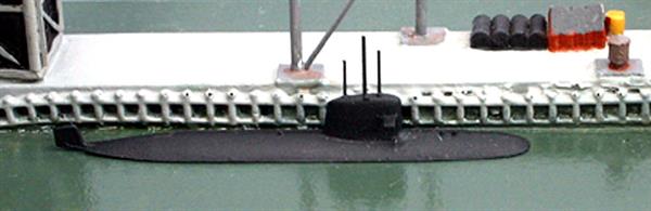 A 1/1250 scale, metal, waterline model of a Scorpene-type submarine. These submarines are in service with the Chilean, Malasian &amp; Indian navies and some are building for Brazil. Essentially a French design with the ships being built by Navantia in Spain, these diesel electric submarines can be fitted to burn ethanol/oxygen mixtures to operate a steam turbine as an air-independent system of propulsion.Chilean vessels: O'Higgins &amp; Carrera, Malaysian vessels: Tunku Abdul Rahman &amp; Tun Abdul Razak, Indian vessels: INS Kalvari, INS Khanderi &amp; INS Vela + 3 more on order and 4 are on order for Brazil.