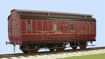 Now supplied with pre-painted and lined sides in Midland Railway crimson lake livery this kit builds a detailed model of a MR 6-wheel full brake coach to diagram 530. These coaches were used for passenger luggage, parcels and mails, with many surviving long after similar passenger stock as the small vehicles were useful to provide a direct service between cities and major towns without needing to reload the packages.Supplied with metal wheels, screw couplings and sprung buffers