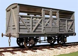 The vehicle represented by our kit was built between 1905 and 1910 and is the later version of the Midland Railway cattle wagon, superseding an earlier but similar type which had an extra plank on the side and only one guardrail. Some vehicles had guardrails taken through the actual frame of the sides, while others had their rails simply bolted on to the outside of the frame. Some wagons of this type lasted into B.R. days, and the L.M.S. at one time converted some for use for ale traffic.  A total of 420 of these wagons were built by the MR and the design formed the basis for the standard L.M.S. cattle wagon.Photographic evidence shows that when built, brake gear was fitted to one side only with a single V-hanger. Later was the addition of a second V-hanger and brakes on both sides. Some were fitted with screw link couplings and vacuum brakes.Supplied with metal wheels, 3 link couplings and sprung buffers