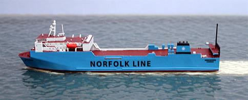 A 1/1250 scale, metal waterline model of Maersk Exporter of 1996-2010. When Norfolk Line was taken over by DFDS, she was re-named Scotia Seaways but became Stena Scotia for Stena Line in 2012.