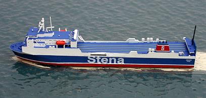 A 1/1250 scale metal waterline model of Stena Scotia, a Ro-Ro ferry which operates between Heysham and Belfast. The model is fully assembled and painted. Stena Scotia was built in Japan in 1996 as Maersk Exporter. In 2010, she was re-named Scotia Seaways after Norfolk Line was taken over by DFDS and in 2012 she became Stena Scotia in 2012. She can only accommodate 12 passengers and so is essentially for freight only.