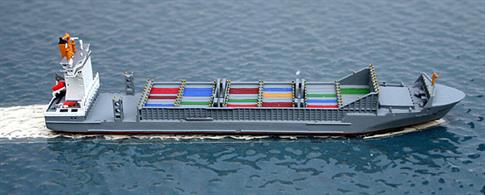 A 1/1250 scale, waterline, metal model of the Thetis D, a Sietas type 178, Baltic Max container ship built in 2009.