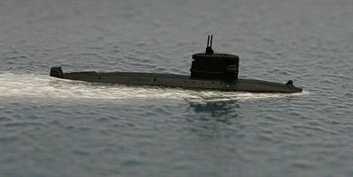 A 1/1250 scale metal waterline model of Walrus, a Dutch diesel-electric submarine from 1992 onwards.