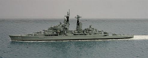 A 1/1250 scale metal waterline model of De Ruyter, C801, s Dutch all gun cruiser originally building in 1940 but not completed until 1953 in modified form as modelled here.