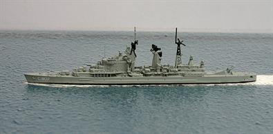 A 1/1250 scale metal waterline model of De Zeven Provincien, C802, a Dutch missile cruiser in 1966. The after guns were removed from the all gun cruiser and a twin missile launcher was fitted instead.