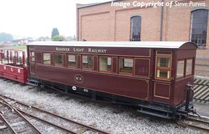 A detailed model of the Gloucester RCW coaches built for the narrow gauge Ashover Light Railway using parts and bogies from WW1 military railway wagons.Model finished in Ashover Railway crimson livery.