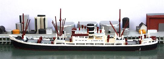 A 1/1250 scale waterline ship model of Willemstad from 1950-64 with a black hull.