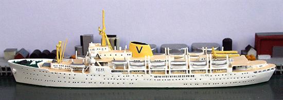 A 1/1250 scale metal waterline ship model of Fairsea (ex-HMS/USS Charger, Rio de la Plata0 in 1960 carrying immegrants from the UK to Australia &amp; New Zealand.Available late November