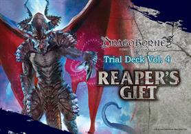 Reaper's Gift is the fourth Trial Deck for the Dragoborne -Rise To Supremacy- Trading Card Game.ContentsA constructed deck consisting of 53 cards.Includes 3 dice, a paper playmat, and a rulebook for the game.Features 20 unique cards, with 6 Trial Deck exclusives and 6 holo cards.The deck will feature Black, Red and Blue banners.