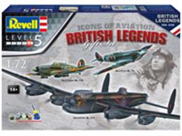 Revell 100 Years RAF: Flying Legends plastic kit gift pack containing 1:72 scale model kits of the Supermarine Spitfire, Avro Lancaster and Hawker Hurricane. Contacta glue, the core paint colours and a paint brush are supplied in the pack.