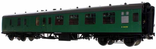 The second batch of these highly detailed and finely moulded models of the British Railways standard mark 1 design coaches will feature the later external window frames. These frames were introduced with the later batches of the Mk.1 coaches  to make a better seal between the curved body profile and flat glazing units. Many earlier build coaches also received them retro-fitted to resolve bodyside rusting around the window corners.Lionheart O Gauge BR Mk.1 BSK Brake Second Corridor coach S34613 in Southern region green livery.