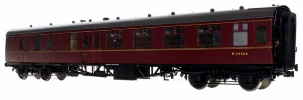 The second batch of these highly detailed and finely moulded models of the British Railways standard mark 1 design coaches will feature the later external window frames. These frames were introduced with the later batches of the Mk.1 coaches  to make a better seal between the curved body profile and flat glazing units. Many earlier build coaches also received them retro-fitted to resolve bodyside rusting around the window corners.Lionheart O Gauge BR Mk.1 BSK Brake Second Corridor coach M34098 in maroon livery.