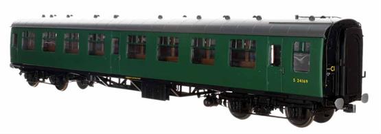 The second batch of these highly detailed and finely moulded models of the British Railways standard mark 1 design coaches will feature the later external window frames. These frames were introduced with the later batches of the Mk.1 coaches  to make a better seal between the curved body profile and flat glazing units. Many earlier build coaches also received them retro-fitted to resolve bodyside rusting around the window corners.Lionheart O Gauge BR Mk.1 SK second class side corridor coach S24311 in Southern region green livery.