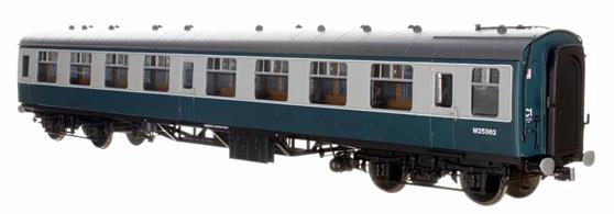 The second batch of these highly detailed and finely moulded models of the British Railways standard mark 1 design coaches will feature the later external window frames. These frames were introduced with the later batches of the Mk.1 coaches  to make a better seal between the curved body profile and flat glazing units. Many earlier build coaches also received them retro-fitted to resolve bodyside rusting around the window corners.Lionheart O Gauge BR Mk.1 SK second class side corridor coach M24692 in blue and grey livery.