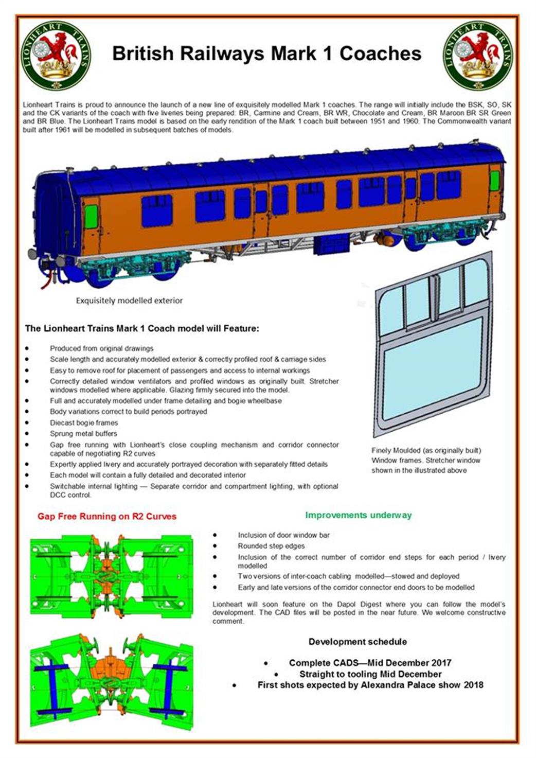 Dapol Lionheart Trains 7P-001-301U BR Mk1 CK Composite Corridor Coach Crimson & Cream Livery ER number UnNumbered O Gauge