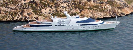 New 1/1250 scale metal model of the super yacht My Yas 2014 by Albatros AL275.This 141m long mega yacht was built from the former Kortenaer 1978-built frigate "Piet Hein "of the Dutch Navy. The frigate's hull was completely gutted and extended and the superstructure was replaced. The rebuilding took place from 2011 to 2014 in Abu Dhabi, with much of the structure made in composite and glass. Speed is 26 knots. The owner is Sheikh Hamdan bin Zayed Al Nahyan. (Brother of the President). 