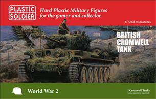 Plastic Soldier WW2V20027  is an Easy Assembly plastic injection moulded 1/72nd British Cromwell tank. Each sprue has options to build a 95mm howitzer Close Support variant. 3 vehicles in the box and each vehicle comes with a commander figure and a Cullen hedgecutter.