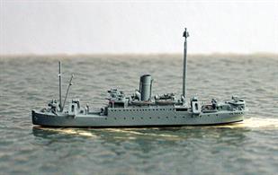 A 1/1250 scale metal model of MFA Goodwin in 1942. Goodwin was built in 1917 but served in a variety of roles throughout WW2. She started as an armed boarding vessel in 1939 and being one of the few coastal ABVs to survive this service became an auxilliary AA vesel in 1941. By 1942 Goowin was an armed patrol vessel and in 1943 she was a convoy rescue ship.