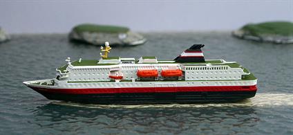 Nordlys is a 1/1250 scale metal model of a TFDS express route or hurtigruten ship in 1993 condition