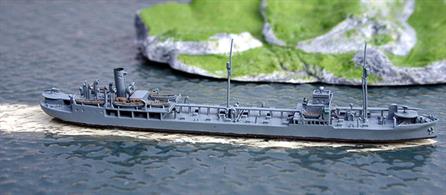 A 1/1250 scale metal model of USS Salinas AO.19. Salinas was taken up as an oiler in 1921 but the armament was only fitted in 1941. Based in the Atlantic until 1944 before being transferred to Seattle and on to Alaska until 1946.
