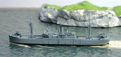 A 1/1250 scale metal model of USS Spica AK.16. Built in 1919 for the US Shipping Board as Shannock, she was transferred to the USN in 1921 and renamed Spica. She was laid up in reserve until 1940 and the guns were not fitted until&nbsp;1940. She was assigned to Alaska in 1940 until 1943 and provided support for the recapture of Attu Island. Thereafter, she covered the area from Seattle to Hawaii, Funafuti and&nbsp;Kwajalein until the end of WW2&nbsp;