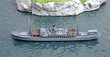 A 1/1250 scale metal model of USS Rigel as a destroyer depot ship in 1938 rig. Built for the US shipping board in 1918 and converted to AD.13 in 1922 home ported in San Diego. She was under conversion to a base repair ship at Pearl Harbour without superstructure when the Japanese attacked and she was slightly damaged but completed in February 1942 as AR.11 Rigel