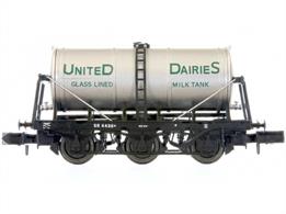 6 wheel milk tank model finished lettered for United Dairies with green lettering.Milk tankers were developed to allow the safe, efficient and fast transportation of milk from the country into towns and cities.  They first came into service in the early 1930's and went through various design improvements and modifications until the 6 wheel milk tanker was developed which remained in service until the early 1980's, when their use was eclipsed by the use of road transport. Between 1932 and 1948 over 600 were built and several survive into preservation