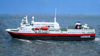 A 1/1250 scale metal model of the 2016 Hurtigruten ASA company.ship Vesteralen.