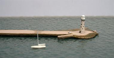A 1/1250 scale resin model of the lighthouse on the western end of Plymouth Breakwater. This model does not include the breakwater itself nor the Whitbread 60 yacht, simply the lighthouse tower and lantern..The model is a little under 2.5cm in height.In the same scale, a model of the breakwater would be about 135cm long from end to end